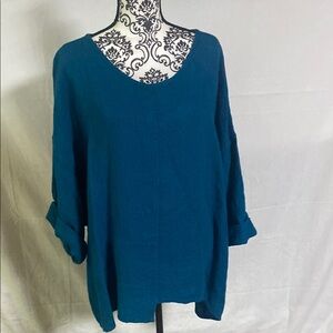 Flax Linen Teal Blue Cuffed Sleeve Oversized Tunic Size 1G Plus 18-20
